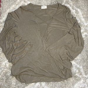 Everly Taupe Grey Long Sleeve Blouse with Flare sleeves